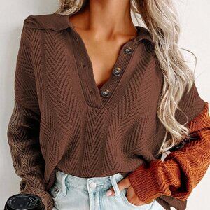 Brown Casual Women's Half Button Contrast Color Knit Textured Pullover Sweater